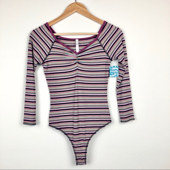 FREE PEOPLE Women’s Stripe Bodysuit Black Combo - Picture 2 of 3